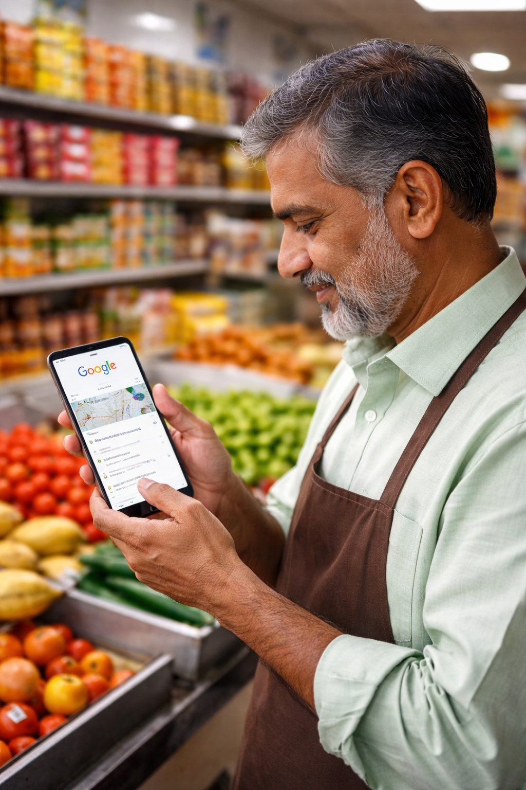 Local shop owner checking Google results on phone