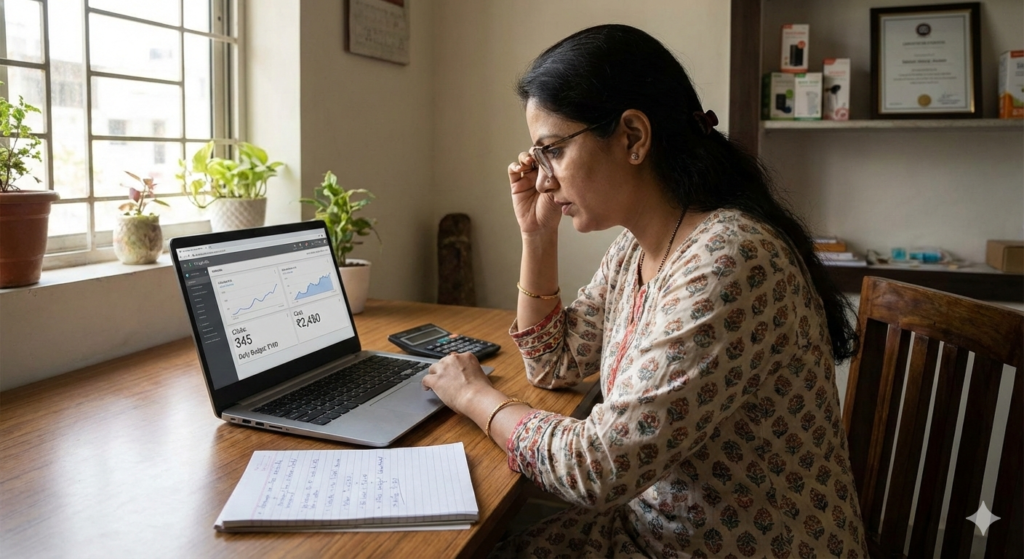 An Indian small business owner analysing a Google Ads dashboard on a laptop screen, showing a small budget campaign with performance charts, clicks, and cost data. The workspace should look simple and realistic, with a calm professional environment, natural lighting, and a focus on smart, careful advertising decisions. Photorealistic style, digital marketing and small business growth theme.