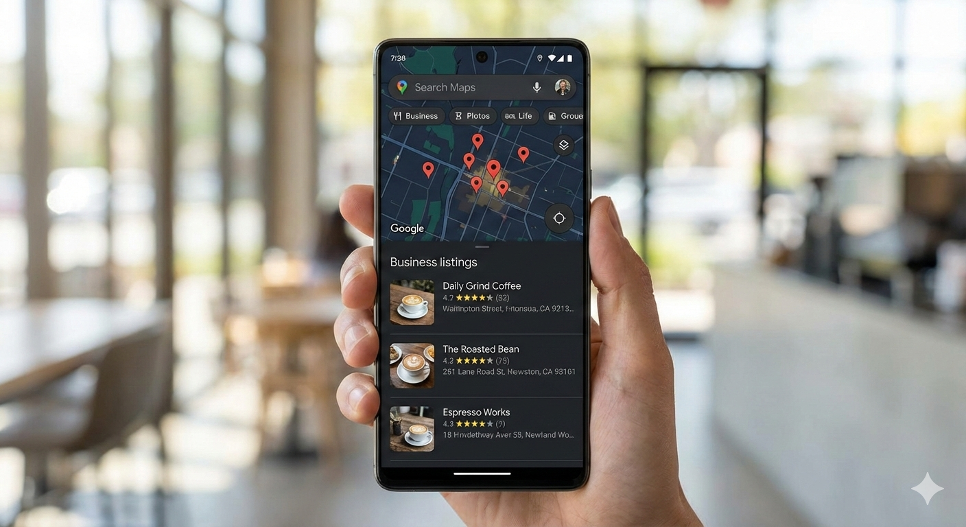 Google Maps business listings on a phone